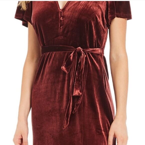 Sanctuary Airy Night Slit Midi Dress Dark Dusty Red Velvet Belted HOCO Size S - Picture 3 of 16